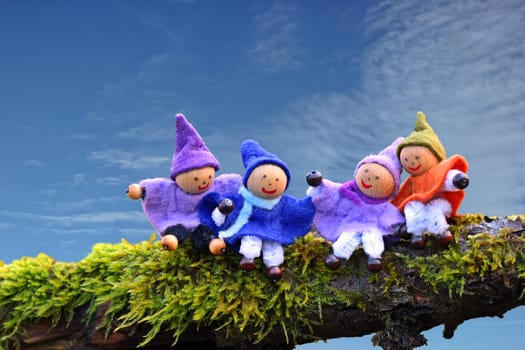 Four small gnomes sit on mossy branch