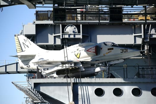 San Diego,United States - December 25,2015: An AF-4 VA 23 Attack Squadron fighter aircraft stands on the intermediate deck of the aircraft carrier and museum ship MSS Midway Pier on December 25,2015 in the San Diego Navy.