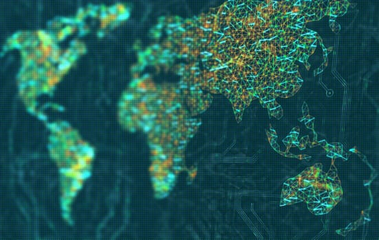 The map of the world represented by illuminated digital connections. 3D image with depth of field on a LED screen.