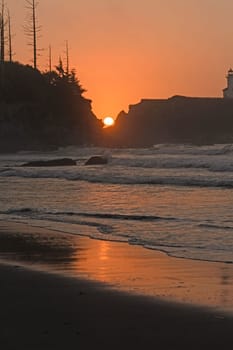 Sunset between the rocks on Lighthouse Beach on the Oregon Coast