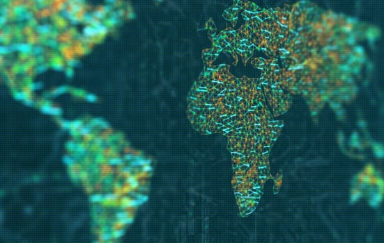The map of the world represented by illuminated digital connections. 3D image with depth of field on a LED screen.