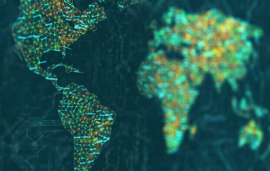The map of the world represented by illuminated digital connections. 3D image with depth of field on a LED screen.