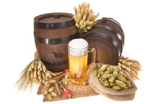 Beer glass and two beer barrels with wheat,barley,hops,malt insulated on white