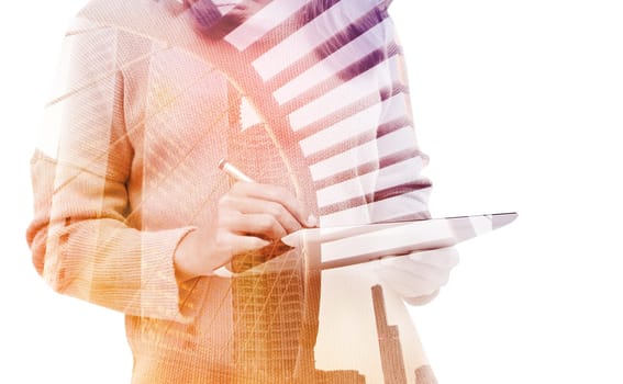 double exposure business woman using tablet similar to ipad in city isolated with clipping path inside image data