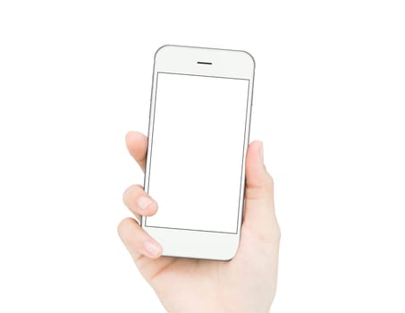 woman hand holding phone isolated clipping path inside image data