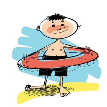Boy with swimming circle. Beach and summer vacation. Childhood and boys
