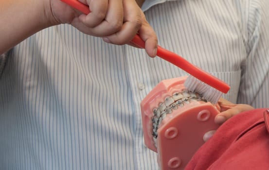 A dentist demonstrating how to brush and care for your teeth when they have braces