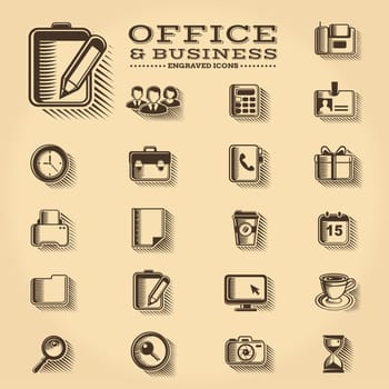 Business, office, and web engraved icons set