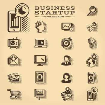 Business, office, and web engraved icons set