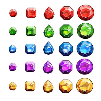 Vector gems and diamonds icons set in different colors with different shapes.