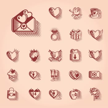 Happy Valentines Day engraved retro icons set