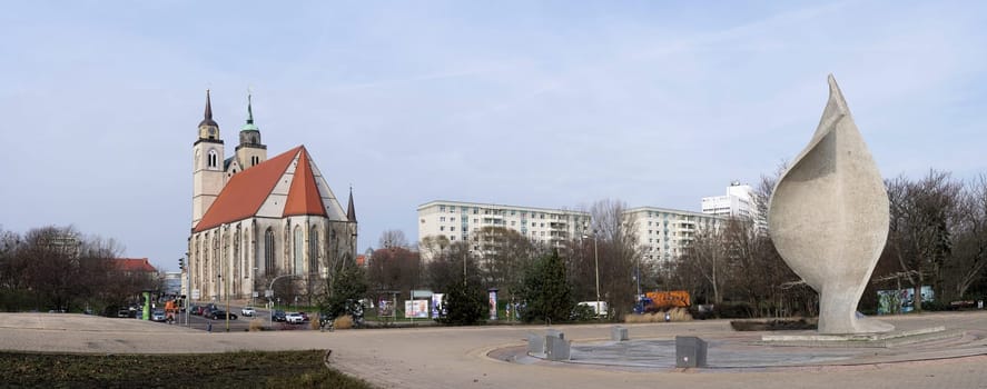 Panorama of the city of Magdeburg on the banks of the Elbe with a view of St. John's Church