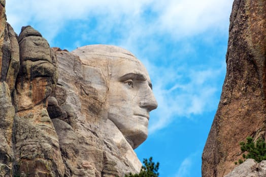 Closeup profile of George Washington at Mount Rushmore National Monument in South Dakota