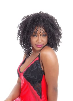 An African American women in a closeup image isolated for white .background in red lingerie..