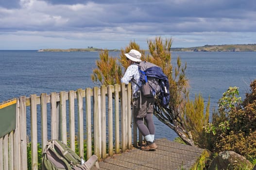 Hiker Enjoying the view at Ackers point on Stewart Island on New Zealand