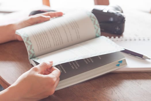 Woman reading book in coffee shop, stock photo