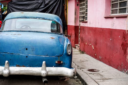 A classic blue unknown vintage american car in Old Havana, Cuba