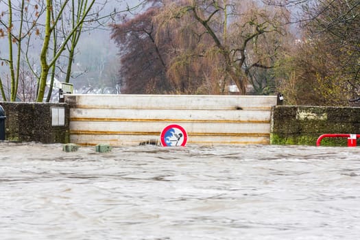 Flood protection after heavy rains at the Ruhr lock in Essen Kettwig in Germany.