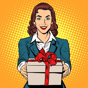 Business woman with gift box pop art retro style. The business concept of bonuses discounts and sales. Holiday gifts. Girlfriend gives a gift. Vector businesswoman.