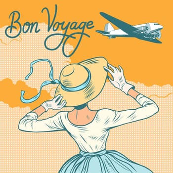 girl passenger plane Bon voyage pop art retro style. Girl meets or sees off the plane.