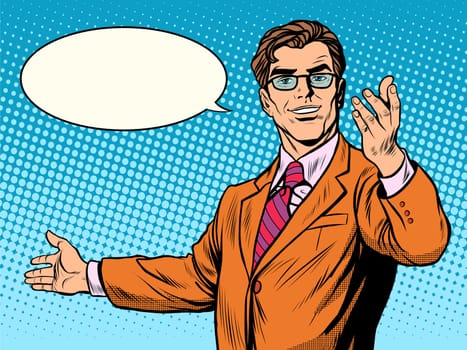 businessman welcome business concept pop art retro style. The man invites