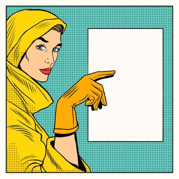 Stylish retro girl advertisements pop art retro style. Poster sign announcement. Business advertising products and services. Your brand or text here