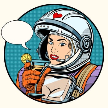 love woman cosmonaut cocktail pop art retro style. pin up girl. Science fiction. Beautiful woman