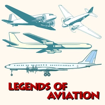 Set of abstract retro planes pop art retro style. Legends of aviation. Air transport