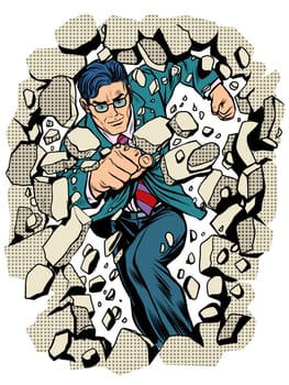 power business businessman breaks wall pop art retro style. Breakthrough business leader. Superhero