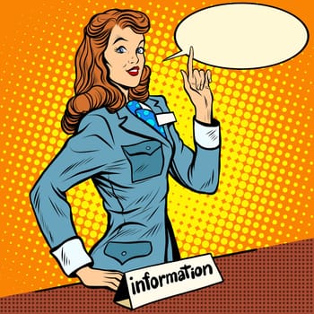 Girl consultant information Desk pop art retro style. Help knowledge questions. Business service. A woman at work