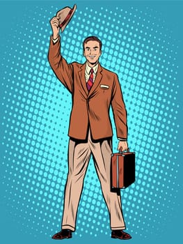 Male passenger welcome pop art retro style. Businessman business trip. Travel and tourism