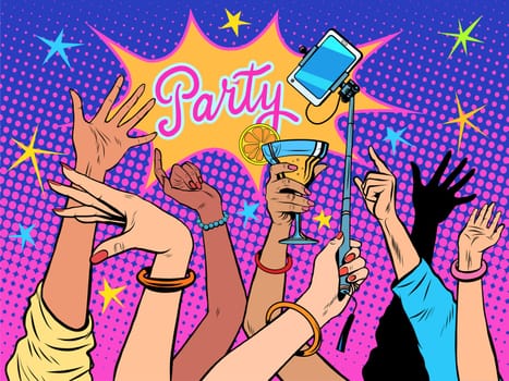 Party dancing selfie drinks pop art retro style. Youth night club. Lifestyle. Hands.