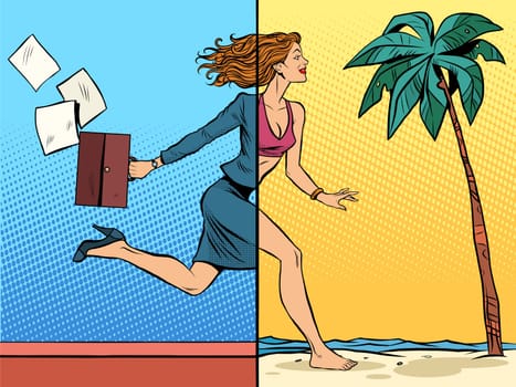 Business woman dreaming about vacation at sea pop art retro style. Travel and tourism. Work and leisure. Beach vacation