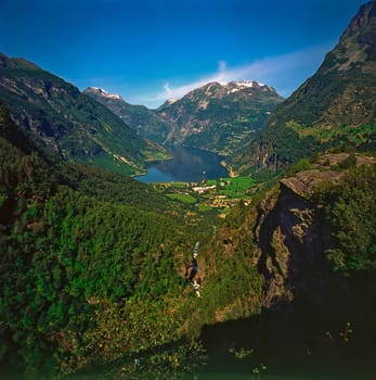 Geiranger Fjord with mountains and watefalls, Norway