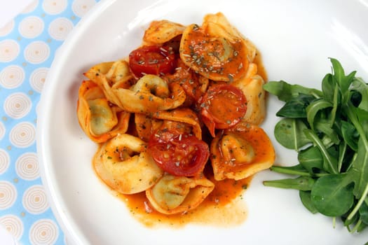 Tortellini with tomatoes in tomato and cream sauce and garnished with salad