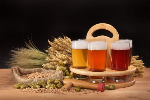 Beer carriers and beer glasses with wheat,barley,hops and malt