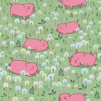 Happy Pigs on the blossoming field. Seamless Pattern