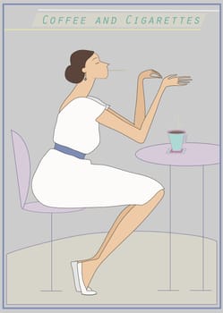Woman in cafe, coffee and cigarettes, vector illustration