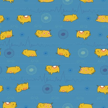 Yellow happy pigs with blue indian background. Vector seamless pattern