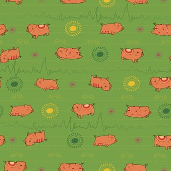 Happy pink piggies with green background. Vector Seamless Pattern