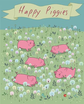 Happy Piggies on the blossoming field