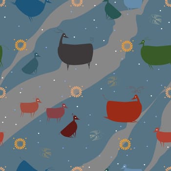 Seamless pattern. Antelopes and flowers