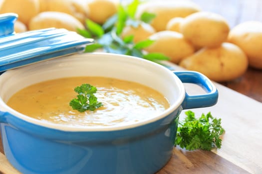 potato soup in blue pot