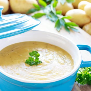 potato soup in blue pot
