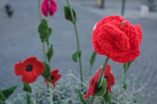 Hand crocheted figurines showing, Badajoz, Spain. Crochet poppy