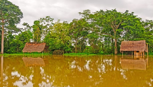 Flooded houses during high water on the Amazon