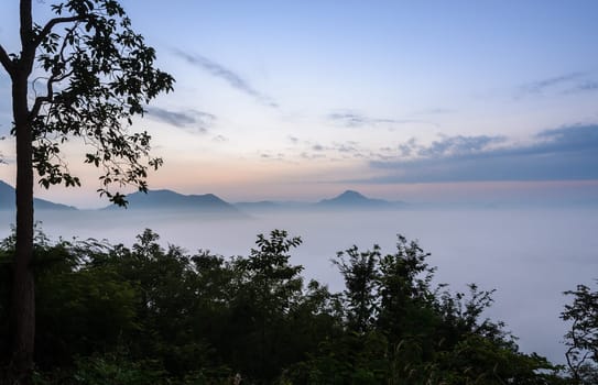 Sunrise landscape with sea of fog over Phu Thok Mountain at Chiang Khan ,Loei Province in Thailand