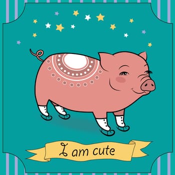 Cute Pig with skates. Vector Illustration