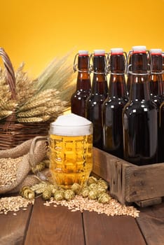 Beer box and beer glass with wheat,barley,hops and malt