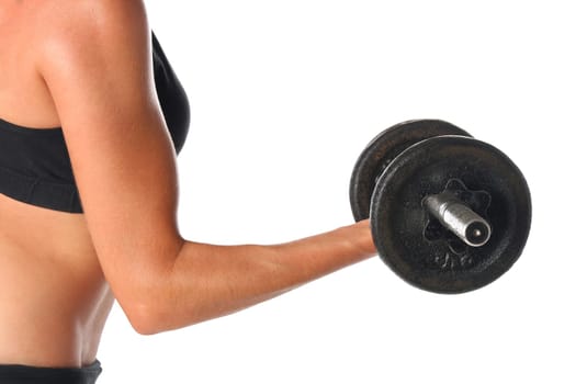 Young woman exercising with dumbbells isolated on white background